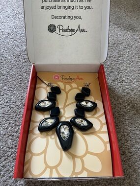 Penelope Ann Black Teardrop Statement Necklace with Clear Stones